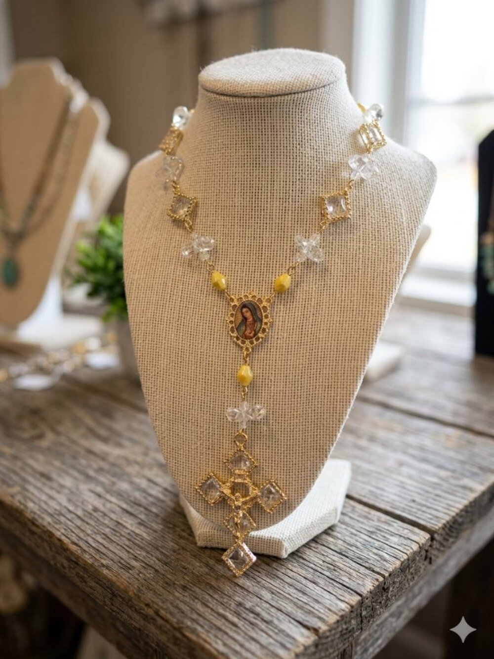 Handmade Gold Crystal Auto Rosary San Judas Virgen de Guadalupe